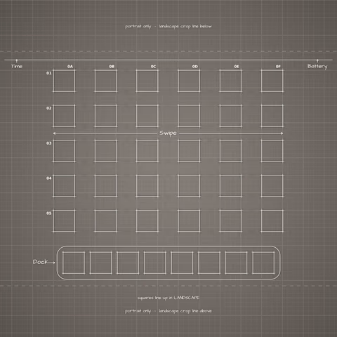 iPhone Duo Star White Home Screen wallpaper: blueprint squares laid out behind the landscape app grid and dock.