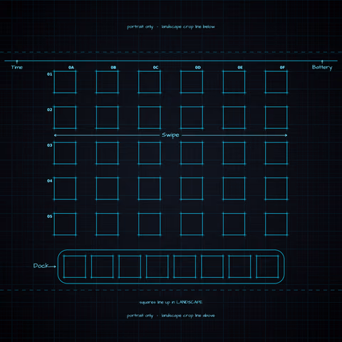 Midnight Neon Home Screen wallpaper: blueprint squares laid out behind the landscape app grid and dock.