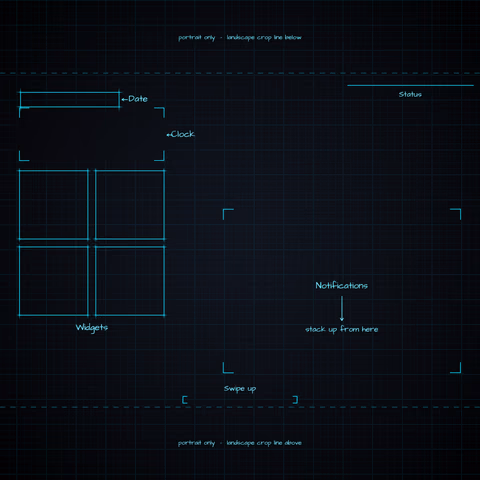 Midnight Neon Lock Screen wallpaper: blueprint callouts around the landscape date, clock, widgets, and notifications.