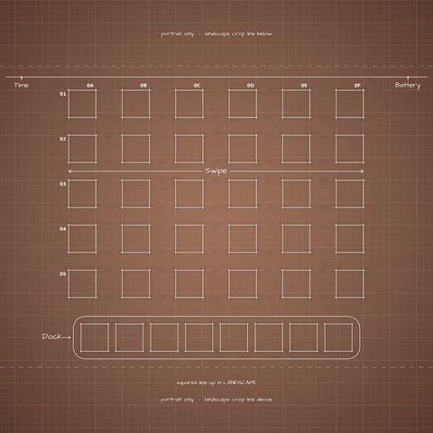 Mocha Mousse Home Screen wallpaper: blueprint squares laid out behind the landscape app grid and dock.
