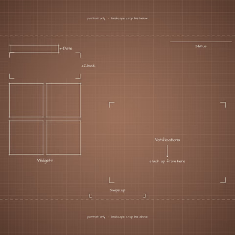 Mocha Mousse Lock Screen wallpaper: blueprint callouts around the landscape date, clock, widgets, and notifications.
