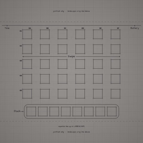 Mono Graphite Paper Home Screen wallpaper: blueprint squares laid out behind the landscape app grid and dock.