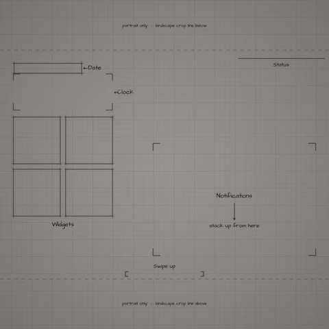 Mono Graphite Paper Lock Screen wallpaper: blueprint callouts around the landscape date, clock, widgets, and notifications.