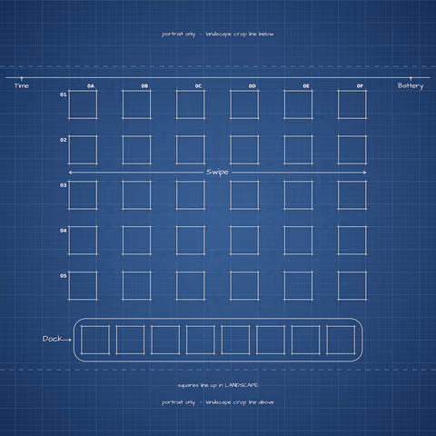 Navy Blueprint Home Screen wallpaper: blueprint squares laid out behind the landscape app grid and dock.
