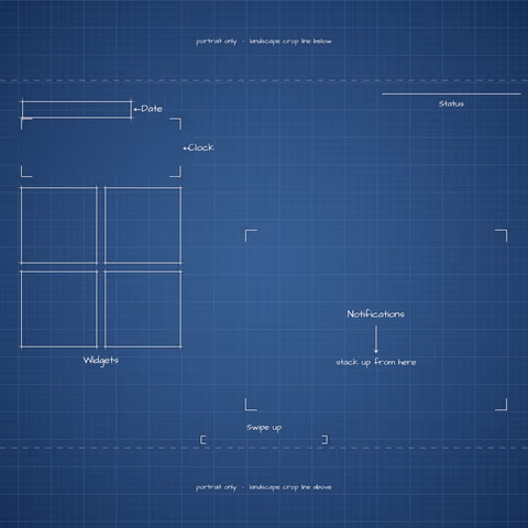 Navy Blueprint Lock Screen wallpaper: blueprint callouts around the landscape date, clock, widgets, and notifications.