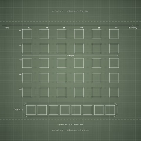 Sage Home Screen wallpaper: blueprint squares laid out behind the landscape app grid and dock.