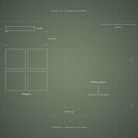 Sage Lock Screen wallpaper: blueprint callouts around the landscape date, clock, widgets, and notifications.