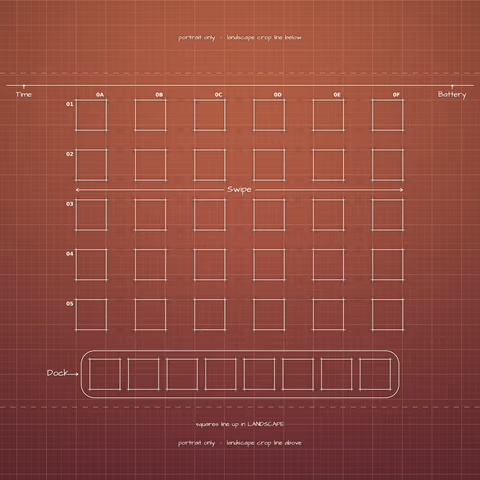 Terracotta Sunset Home Screen wallpaper: blueprint squares laid out behind the landscape app grid and dock.