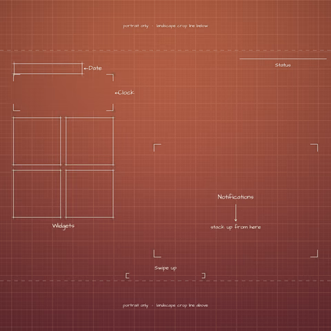 Terracotta Sunset Lock Screen wallpaper: blueprint callouts around the landscape date, clock, widgets, and notifications.