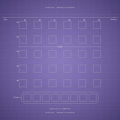 Digital Lavender Home Screen wallpaper: blueprint squares laid out behind the landscape app grid and dock.
