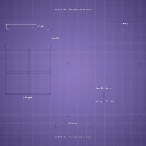 Digital Lavender Lock Screen wallpaper: blueprint callouts around the landscape date, clock, widgets, and notifications.