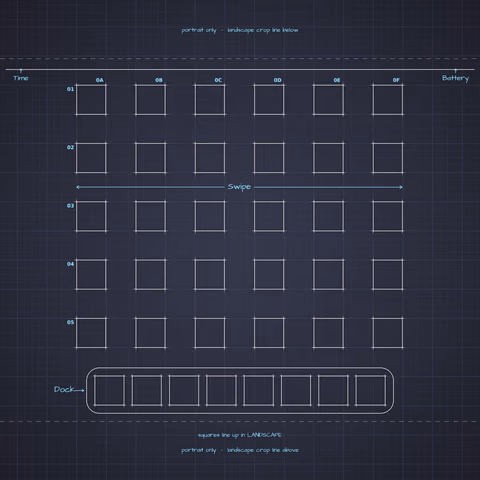 Dracula Home Screen wallpaper: blueprint squares laid out behind the landscape app grid and dock.