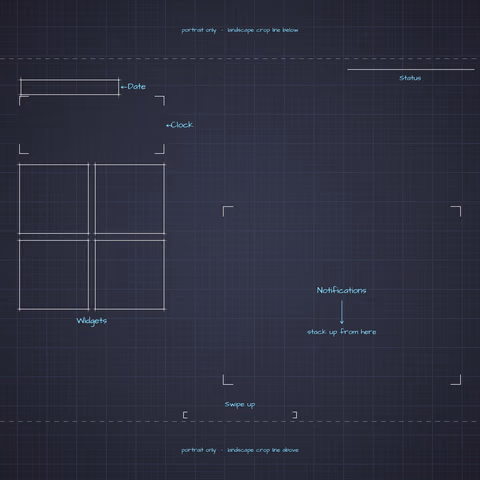 Dracula Lock Screen wallpaper: blueprint callouts around the landscape date, clock, widgets, and notifications.
