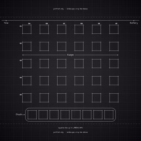 iPhone 18 Pro Black Home Screen wallpaper: blueprint squares laid out behind the landscape app grid and dock.