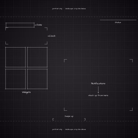 iPhone 18 Pro Black Lock Screen wallpaper: blueprint callouts around the landscape date, clock, widgets, and notifications.