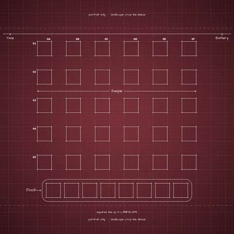 iPhone 18 Pro Burgundy Home Screen wallpaper: blueprint squares laid out behind the landscape app grid and dock.