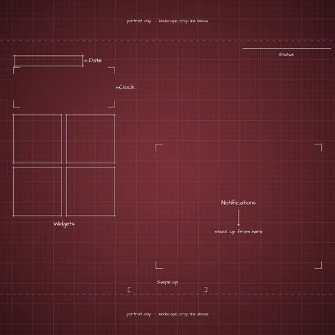 iPhone 18 Pro Burgundy Lock Screen wallpaper: blueprint callouts around the landscape date, clock, widgets, and notifications.