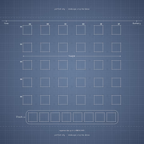 iPhone 18 Pro Glacier Home Screen wallpaper: blueprint squares laid out behind the landscape app grid and dock.