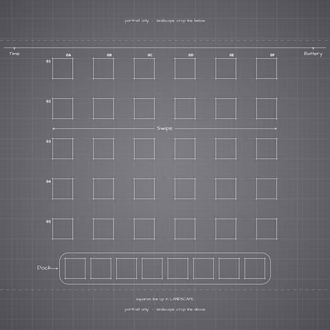 iPhone 18 Pro Silver Home Screen wallpaper: blueprint squares laid out behind the landscape app grid and dock.