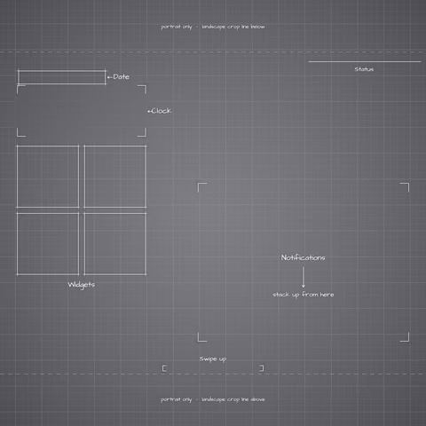 iPhone 18 Pro Silver Lock Screen wallpaper: blueprint callouts around the landscape date, clock, widgets, and notifications.