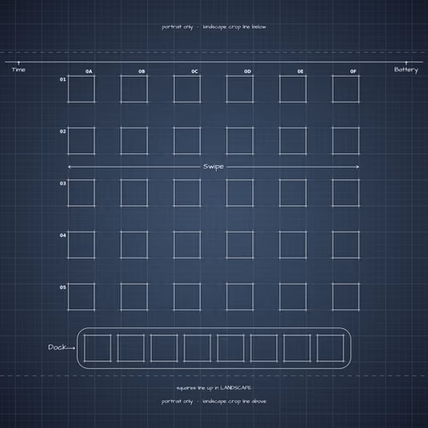iPhone Duo Night Sky Home Screen wallpaper: blueprint squares laid out behind the landscape app grid and dock.