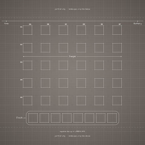 iPhone Duo Star White Home Screen wallpaper: blueprint squares laid out behind the landscape app grid and dock.