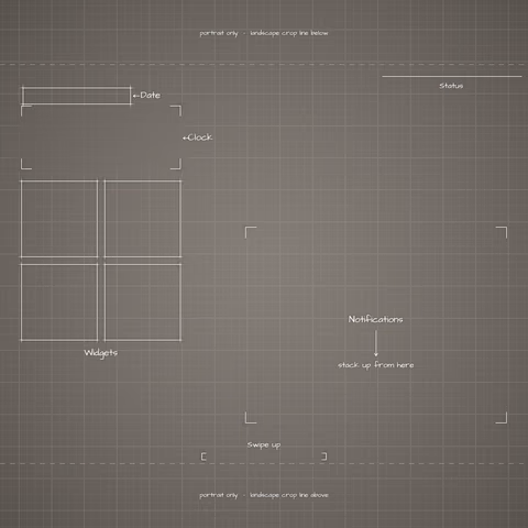 iPhone Duo Star White Lock Screen wallpaper: blueprint callouts around the landscape date, clock, widgets, and notifications.