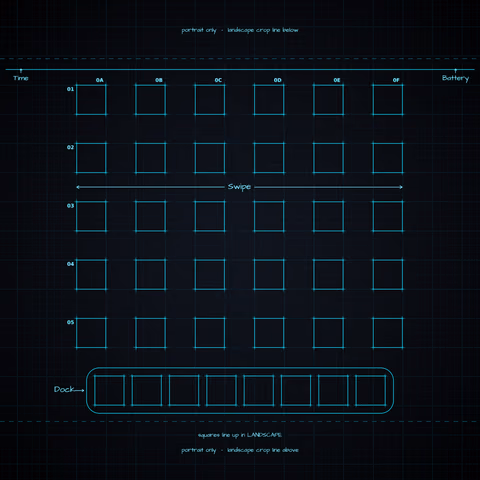Midnight Neon Home Screen wallpaper: blueprint squares laid out behind the landscape app grid and dock.