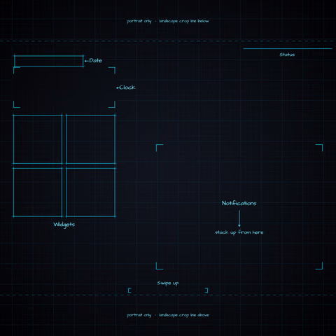 Midnight Neon Lock Screen wallpaper: blueprint callouts around the landscape date, clock, widgets, and notifications.