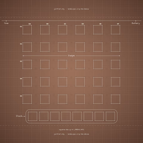 Mocha Mousse Home Screen wallpaper: blueprint squares laid out behind the landscape app grid and dock.