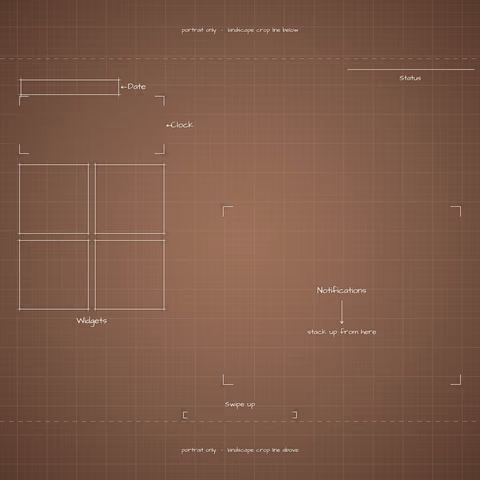 Mocha Mousse Lock Screen wallpaper: blueprint callouts around the landscape date, clock, widgets, and notifications.