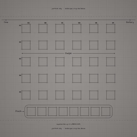 Mono Graphite Paper Home Screen wallpaper: blueprint squares laid out behind the landscape app grid and dock.