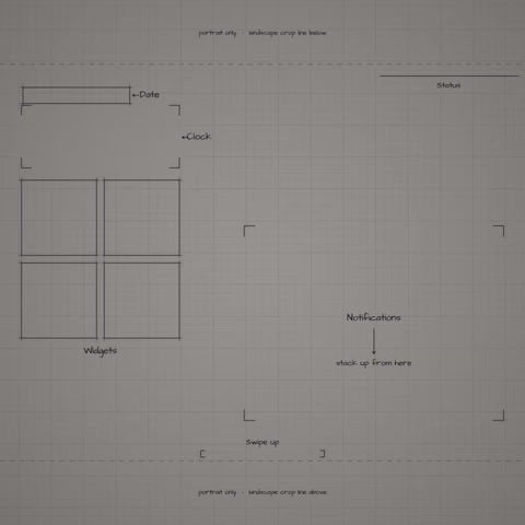 Mono Graphite Paper Lock Screen wallpaper: blueprint callouts around the landscape date, clock, widgets, and notifications.