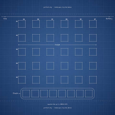 Navy Blueprint Home Screen wallpaper: blueprint squares laid out behind the landscape app grid and dock.