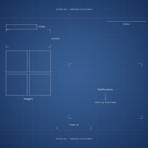 Navy Blueprint Lock Screen wallpaper: blueprint callouts around the landscape date, clock, widgets, and notifications.