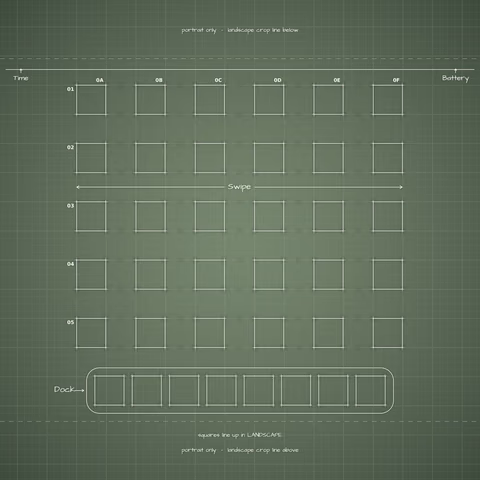 Sage Home Screen wallpaper: blueprint squares laid out behind the landscape app grid and dock.
