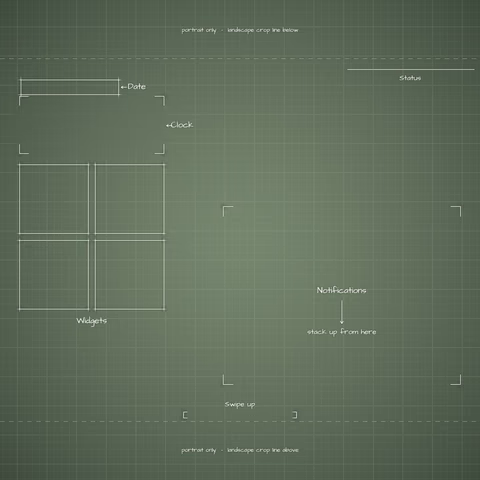 Sage Lock Screen wallpaper: blueprint callouts around the landscape date, clock, widgets, and notifications.