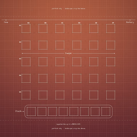 Terracotta Sunset Home Screen wallpaper: blueprint squares laid out behind the landscape app grid and dock.