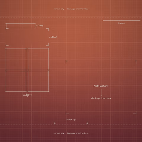 Terracotta Sunset Lock Screen wallpaper: blueprint callouts around the landscape date, clock, widgets, and notifications.