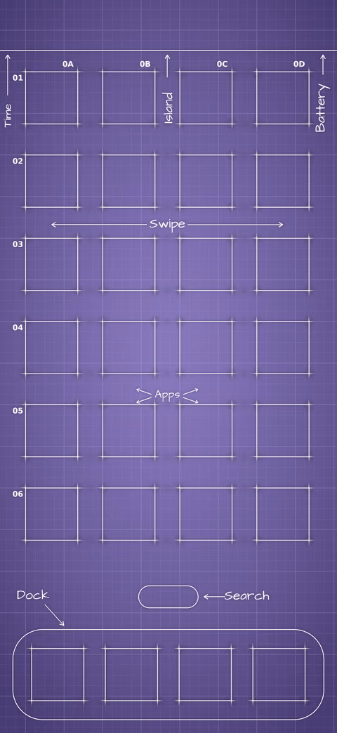Digital Lavender Home Screen wallpaper: blueprint squares laid out behind the app grid and dock.