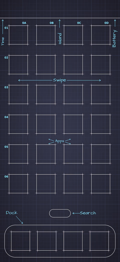 Dracula Home Screen wallpaper: blueprint squares laid out behind the app grid and dock.