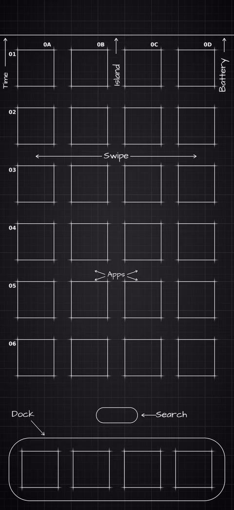 iPhone 18 Pro Black Home Screen wallpaper: blueprint squares laid out behind the app grid and dock.