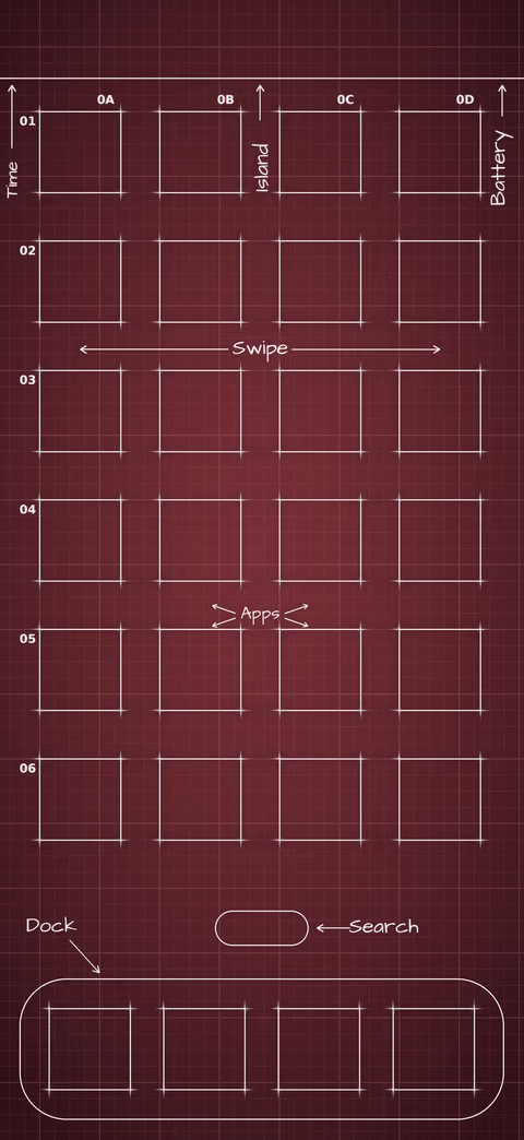 iPhone 18 Pro Burgundy Home Screen wallpaper: blueprint squares laid out behind the app grid and dock.