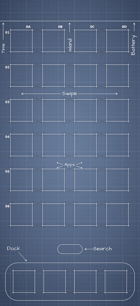iPhone 18 Pro Glacier Home Screen wallpaper: blueprint squares laid out behind the app grid and dock.