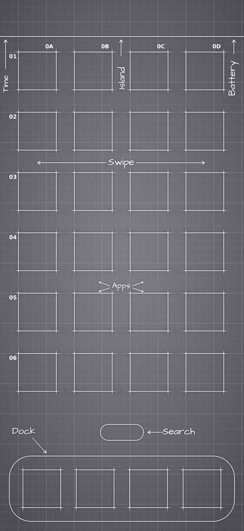 iPhone 18 Pro Silver Home Screen wallpaper: blueprint squares laid out behind the app grid and dock.