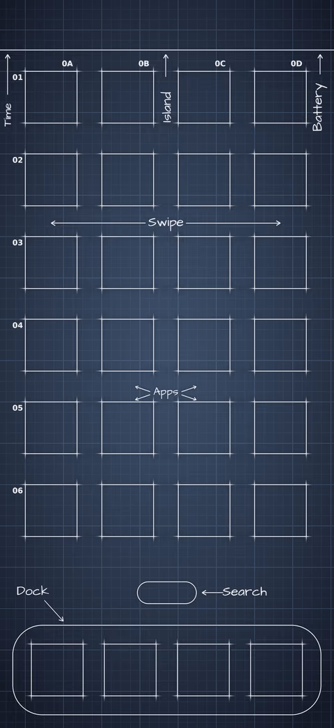 iPhone Duo Night Sky Home Screen wallpaper: blueprint squares laid out behind the app grid and dock.