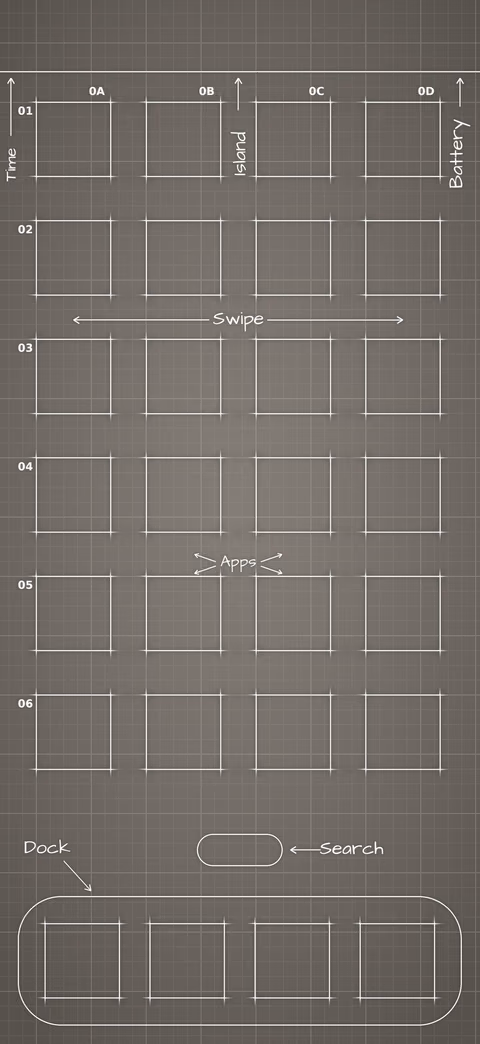 iPhone Duo Star White Home Screen wallpaper: blueprint squares laid out behind the app grid and dock.