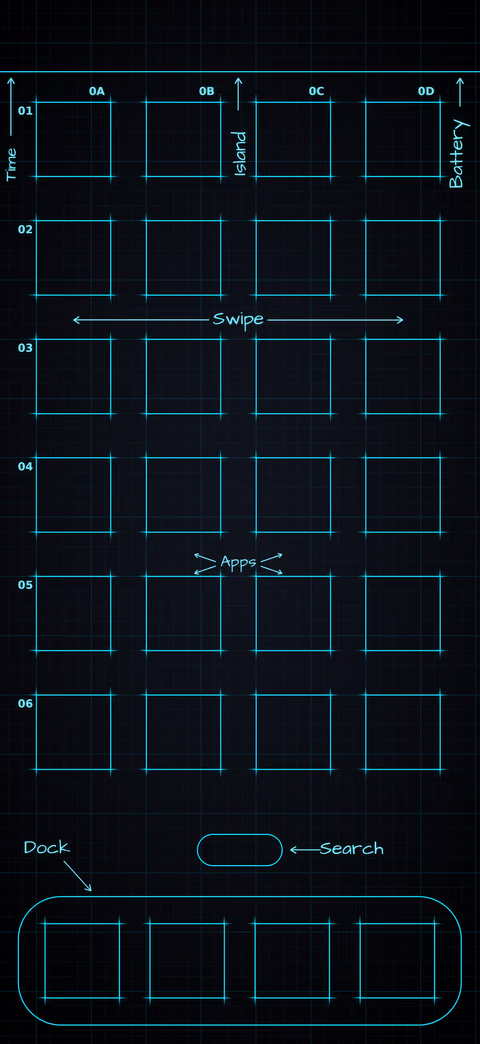 Midnight Neon Home Screen wallpaper: blueprint squares laid out behind the app grid and dock.