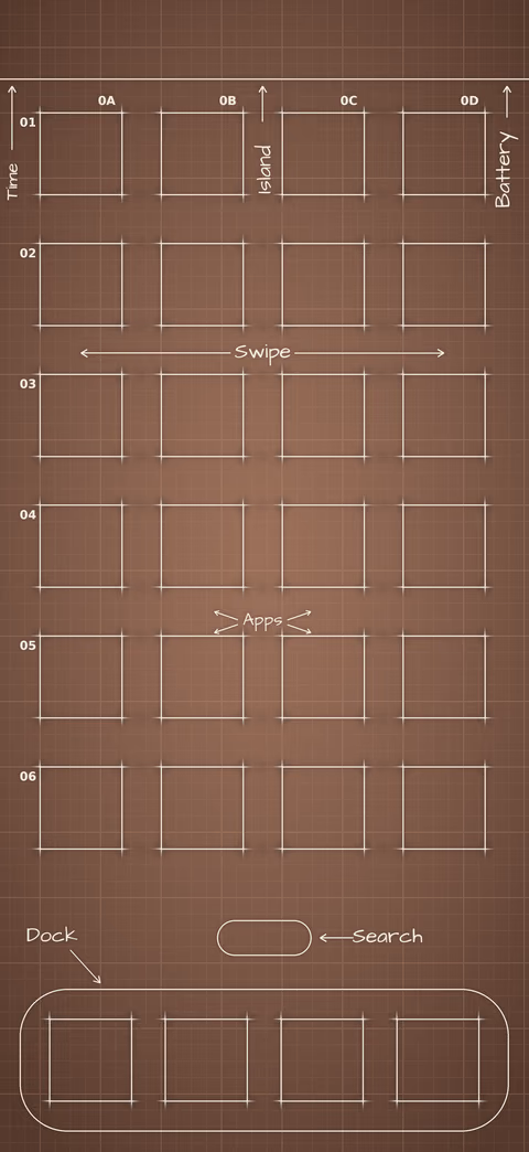 Mocha Mousse Home Screen wallpaper: blueprint squares laid out behind the app grid and dock.