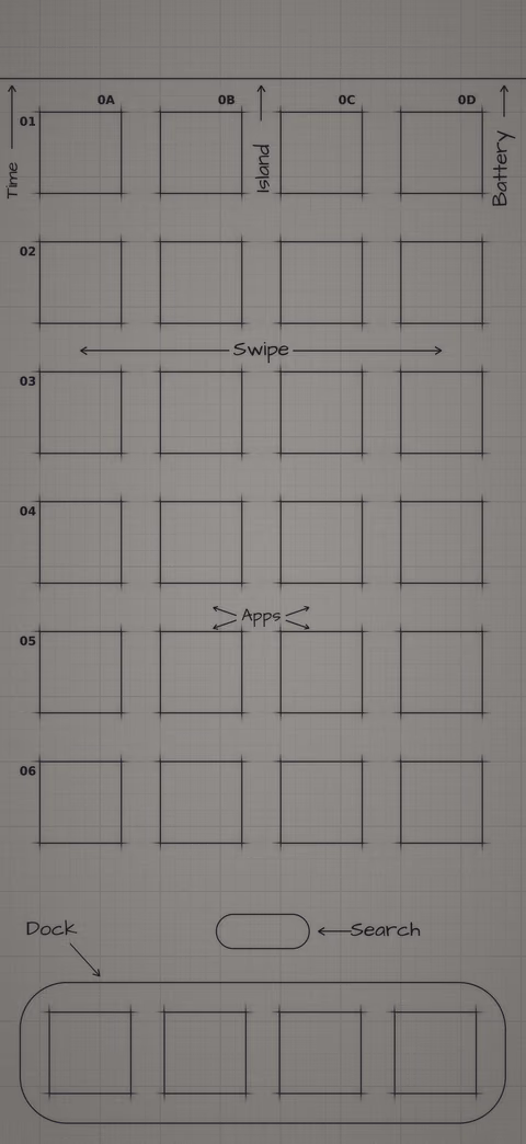 Mono Graphite Paper Home Screen wallpaper: blueprint squares laid out behind the app grid and dock.